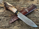 13.5" inches HAND FORGED Damascus Steel Hunting Knife + Leather Sheath - ZB Knives Store