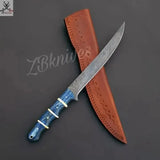 13" inches HAND FORGED Full Tang Damascus Steel Fillet Knife + leather sheath - ZB Knives Store