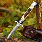 Swing guard Stiletto Knife Rare Italian Automatic - Antler Horn Damascus