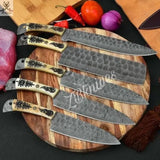 5 PCS HAND FORGED Full Tang Damascus Steel Kitchen Set Knives+ Leather Roll kit - ZB Knives Store