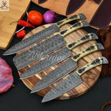 5 PCS HAND FORGED Full Tang Damascus Steel Kitchen Set Knives+ Leather Roll kit - ZB Knives Store