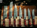7 PCS HAND FORGED Full Tang Damascus Steel kitchen set knives + Leather Sheath - ZB Knives Store