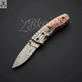 7.25" Inches HAND FORGED Damascus Steel Folding Pocket Knife + leather sheath - ZB Knives Store
