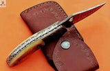 7.5" Inches HAND FORGED Damascus Steel Folding Pocket Knife+ Leather sheath - ZB Knives Store
