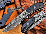 7" Inches HAND FORGED Damascus Steel Folding Pocket Knife + leather sheath - ZB Knives Store