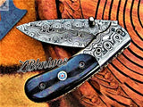 7" Inches HAND FORGED Damascus Steel Folding Pocket Knife + leather sheath - ZB Knives Store