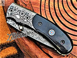7" Inches HAND FORGED Damascus Steel Folding Pocket Knife + leather sheath - ZB Knives Store