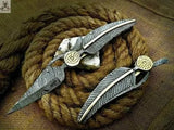 8.5"inches HAND FORGED Damascus Steel Folding Pocket knife + Leather Sheath - ZB Knives Store
