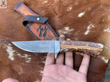 8"inches HAND FORGED Full Tang Damascus Steel Skinning Knife + Leather Sheath - ZB Knives Store