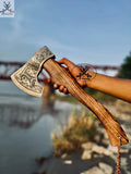 Battle AXE - Ash Wood Handle, Engraved High Carbon Forged Steel Head - ZB Knives Store