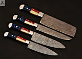CUSTOM HANDMADE DAMASCUS STEEL 4 PCS TEXAS HANDLE CHEF SET WITH LEATHER ROLL KIT - ZB Knives Store