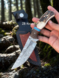 Camping Knife - Feather Damascus Steel Blade With Belt Sheath - ZB Knives Store