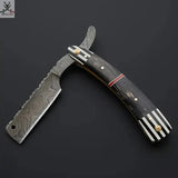Custom Handmade Damascus Steel Razor Handle Zebra Sheet/Black Sheet With Leather Sheath Superior Quality Damascus Razor for Precision Grooming - ZB Knives Store