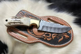 Custom Handmade Cowboy Knife with Damascus Steel Blade & Antler Horn Handle – 8.5" - ZB Knives Store