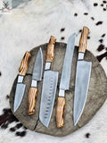 Handmade Acid Washed Stainless Steel Kitchen Knives Set with Leather Roll and Burly Wenge Wood Handles - ZB Knives Store