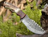 Damascus Steel Handmade Tom Brown Best Top Tracker Knife For Sale with Antler Horn, Rosewood and Brass Spacer Handle - 10 Inch Overall Length - ZB Knives Store