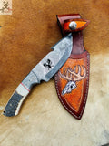 Damascus Steel Hook Blade Knife - Deer Antler Horn Handle with Leather Sheath for Hunters