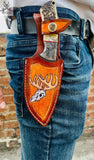 Damascus Steel Hook Blade Knife - Deer Antler Horn Handle with Leather Sheath for Hunters