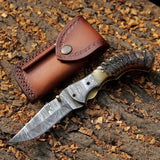 Mountain Majesty - Custom Handcrafted Damascus Steel Folding Pocket Knife with Sheep Horn Handle - ZB Knives Store