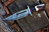 Rambo Knife for Sale - Custom Handmade Damascus Bowie with Rose Wood & Antler Horn - ZB Knives Store