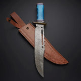 Rambo First Blood Knife - Custom Handmade Damascus Steel Bowie with Colored Bone Handle and Leather Sheath - ZB Knives Store