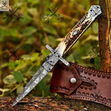 Premium Damascus Steel Switchblade Pocket Knife – Unique Patterns & Deer Horn Handle EDC