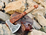 Bushcraft AXE - Engraved High Carbon Forged Steel Head, Wood Handle with rope Wrap - ZB Knives Store