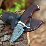 EDC Wood Handle Knife - Damascus Steel Blade With Custom Leather Knife Sheath - ZB Knives Store