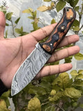 Damascus Steel Skinning knife with Leather sheath , handle color wood sheet - ZB Knives Store