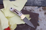 Best cowboy knife for everyday carry | Damascus Blade | Deer Horn Handle | 6.25 Inches | Leather Sheath - ZB Knives Store