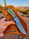 Handmade Damascus Steel Cowboy Knife  7.75" Full-Tang* with Pine Cone Handle & Pancake Leather Sheath
